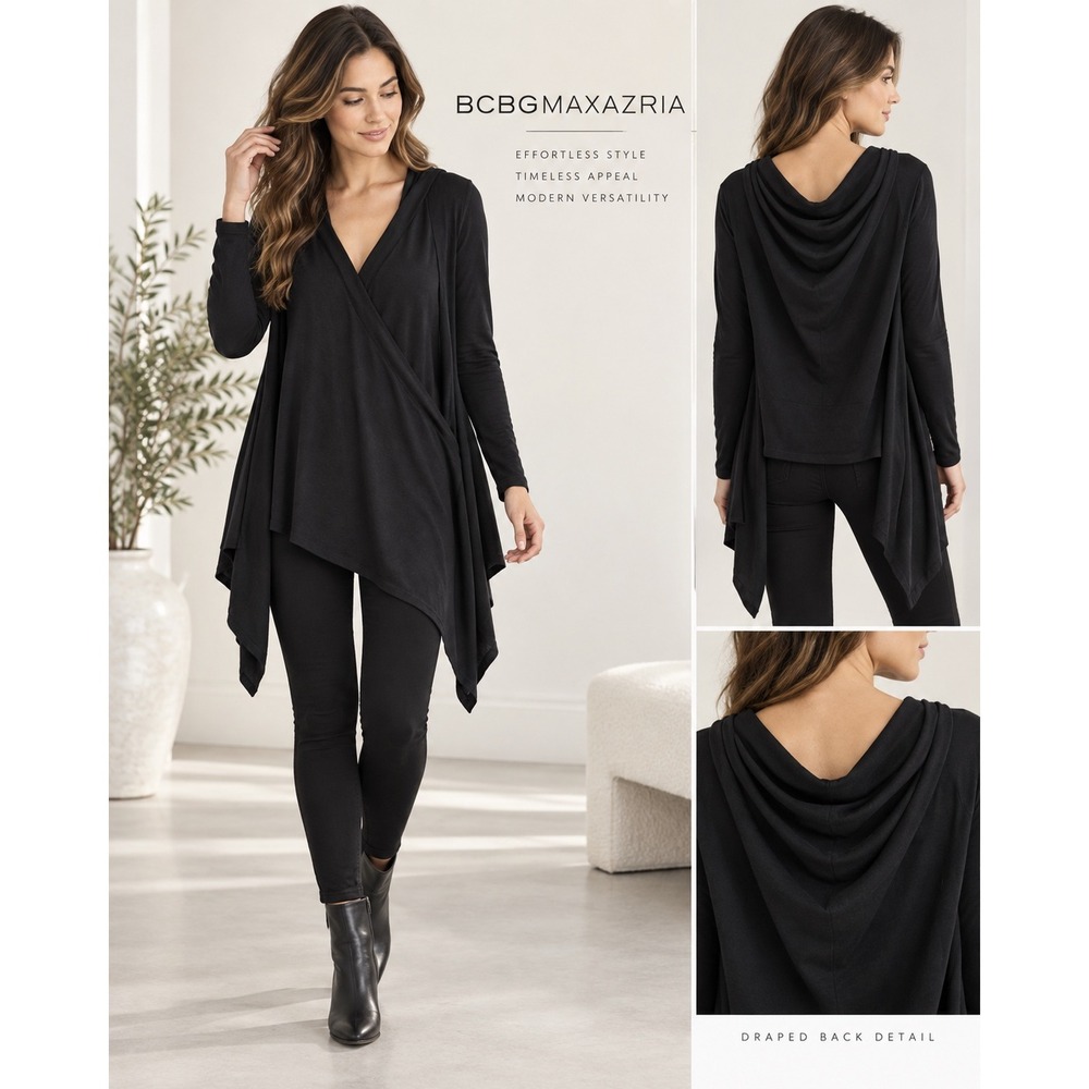 BCBGMAXAZRIA Silk Cashmere Black Draped Wrap Cardigan Asymmetrical Lagenlook